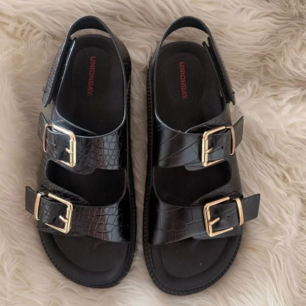 UNIONBAY Black Croc-Embossed Double Buckle Slingback Sandals